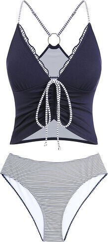ZAFUL إمرأة Ruched Tankini المايوه مثير البطن السيطرة 2 قطعة مايوهات الخامس الرقبة الرباط ملابس السباحة in Saudi Arabia