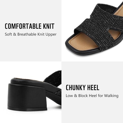 Heeled Sandals For Women, Knit Slip On Heels with Square Open Toe Comfortable Sandals Women Dressy Block Chunky, Heeled Casual Mules Low Heel Breathable Slides, Elegant Shoes for Date Party in Kuwait