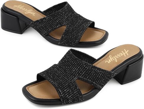 Heeled Sandals For Women, Knit Slip On Heels with Square Open Toe Comfortable Sandals Women Dressy Block Chunky, Heeled Casual Mules Low Heel Breathable Slides, Elegant Shoes for Date Party in Kuwait