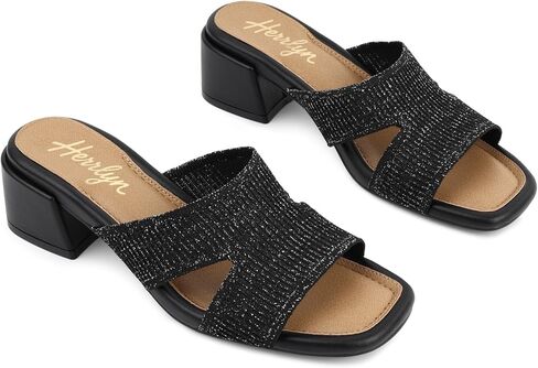 Heeled Sandals For Women, Knit Slip On Heels with Square Open Toe Comfortable Sandals Women Dressy Block Chunky, Heeled Casual Mules Low Heel Breathable Slides, Elegant Shoes for Date Party in Kuwait