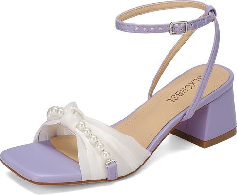 Women's Low Block Bow Heel Sandals with Pearl Square Toe Ankle Strap High Heeled Sandals for Wedding Party Casual in Kuwait