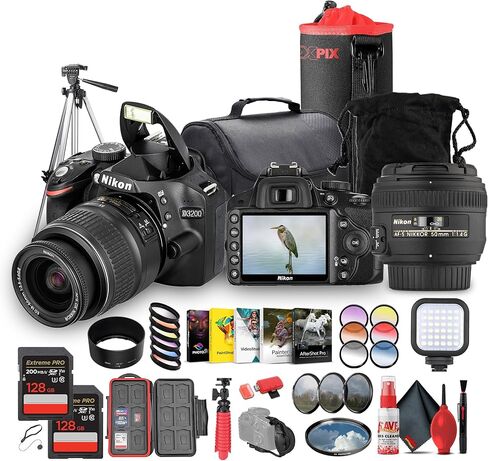 كاميرا Nikon D3200 DSLR مع عدسة VR مقاس 18-55 مم - 24.2 ميجابكسل، فيديو عالي الدقة 1080 بكسل، تركيز تلقائي 11 نقطة + عدسة نيكون 50 f/1.4G AF-S مقاس 58 مم + بطاقة ذاكرة 128 جيجابايت + حامل ثلاثي القوائم مقاس 72 بوصة + ضوء LED + المزيد in Kuwait