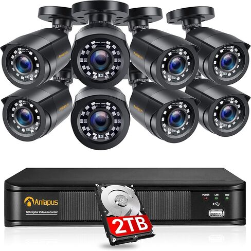 Anlapus H.265+ 8CH 1080P 2TB Outdoor Surveillance Camera Kit 2MP with DVR Recorder 1080P, Night Vision 20M Instant Alert & Free APP Remote Access in Saudi Arabia