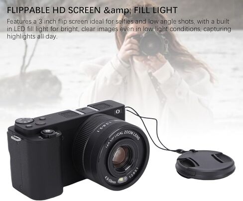 4K Digital Camera, Mirrorless with 64MP, 20X Zoom, 3 Inch Flip Screen, Anti Shake - High Resolution Video, LED Fill Light, Ideal for Travel Photography (Black) in Kuwait