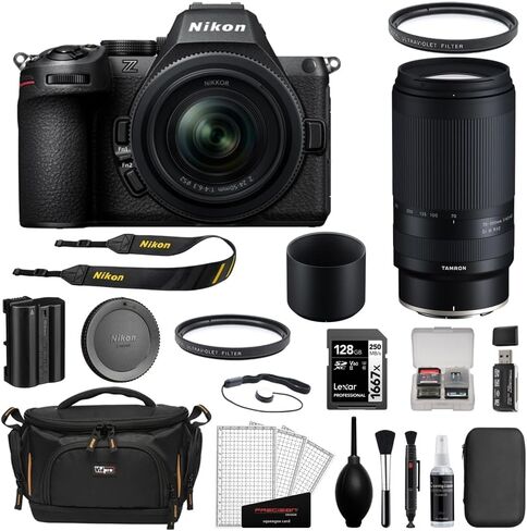 كاميرا Nikon Z5 II بدون مرآة مع مجموعة عدسات مقاس 24-50 مم f/4-6.3 وعدسة Tamron مقاس 70-300 مم f/4.5-6.3 + 2 مرشحات للأشعة فوق البنفسجية + بطاقة 128 جيجابايت + قارئ بطاقات + حافظة غطاء العدسة + طقم تنظيف + حقيبة كاميرا (12 عنصرًا) in Kuwait