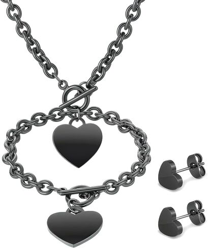 3 Pcs Heart Jewelry Set Heart Pendant Necklace Heart Chain Toggle Necklace Heart Bracelet Earrings Love Stainless Steel Link Chain for Women Girl Christmas Valentine's Day Gift in Saudi Arabia