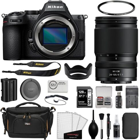 كاميرا Nikon Z5 II بدون مرآة مع مجموعة عدسات مقاس 24-105 مم f/4-7.1 وبطاقة UHS-II SDXC سعة 128 جيجابايت + فلتر للأشعة فوق البنفسجية + قارئ بطاقات + واقي شاشة + طقم تنظيف + حقيبة كاميرا + قطعة قماش (10 عناصر) in Kuwait