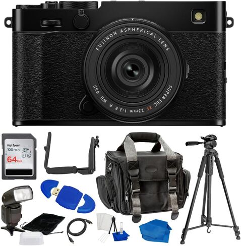 حزمة كاميرا FUJIFILM X-E5 الرقمية بدون مرآة (أسود) مع بطاقة SD سعة 64 جيجابايت، وفلاش مع شاشة LCD ووضع الرقيق، وحامل ثلاثي القوائم، ودعامة فلاش، وقارئ بطاقات، ومجموعة تنظيف والعديد من الملحقات الأخرى (متجددة) in Kuwait
