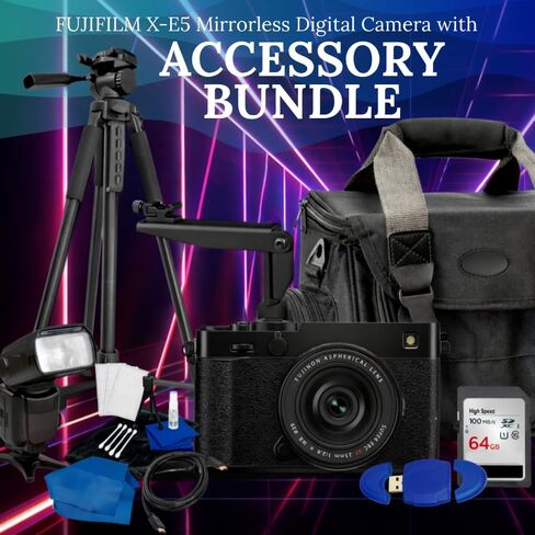 حزمة كاميرا FUJIFILM X-E5 الرقمية بدون مرآة (أسود) مع بطاقة SD سعة 64 جيجابايت، وفلاش مع شاشة LCD ووضع الرقيق، وحامل ثلاثي القوائم، ودعامة فلاش، وقارئ بطاقات، ومجموعة تنظيف والعديد من الملحقات الأخرى (متجددة) in Kuwait