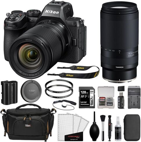 كاميرا Nikon Z5 II بدون مرآة مع مجموعة عدسات مقاس 24-105 مم f/4-7.1 وعدسة Tamron مقاس 70-300 مم f/4.5-6.3 + بطاقة 128 جيجابايت + 2 مرشحات للأشعة فوق البنفسجية + قارئ بطاقات + حافظة بطاقات + طقم تنظيف + حقيبة كاميرا (11 عنصرًا) in Kuwait