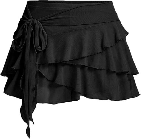 Women's Mini Ruffle Skirt Y2K Cute Mesh Flowy Pleated Layered Skort with Shorts for Casual Party in Saudi Arabia