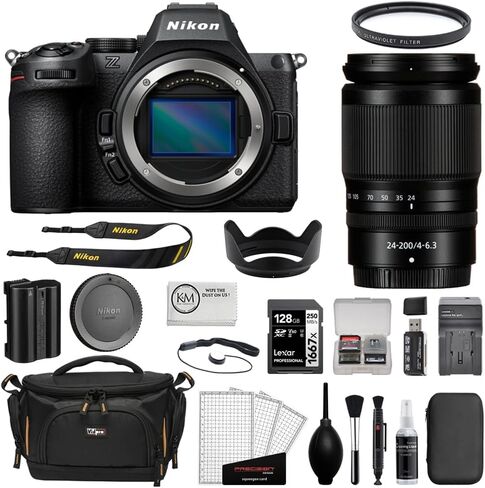كاميرا Nikon Z5 II بدون مرآة مع مجموعة عدسات مقاس 24-200 مم f/4-6.3 وبطاقة UHS-II SDXC سعة 128 جيجابايت + فلتر للأشعة فوق البنفسجية + قارئ بطاقات + حافظة بطاقات + حافظة غطاء عدسة + طقم تنظيف + حقيبة كاميرا (10 قطع) in Kuwait