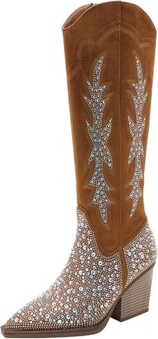 Women's Rhinestone Embellished Western Cowboy Boots 3.1" Block Heel Knee High Faux Suede Boots, Pointed Toe Sparkly Booties in Saudi Arabia