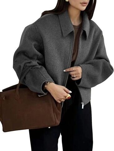 Womens Cropped Wool Jacket Warm Winter Fleece Bomber Jacket Zip Up Short Pea Coats with Pockets(Brown-S) in Saudi Arabia