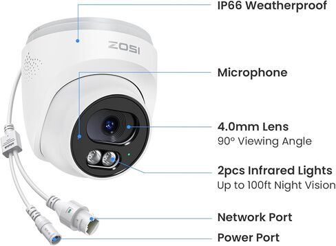 ZOSI 4MP 2.5K PoE Add-On Security Camera Outdoor, 1440p Surveillance IP Camera for Home Security, 100ft Night Vision, AI Human Vehicle Detection, Two-Way Audio, Works with Our PoE NVR Only in Saudi Arabia
