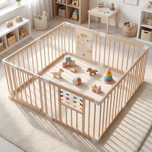 INFANS Wooden Baby Playpen with Adjustable Size & Shape, 8 Panels, Child Proof Lock, Easy to Assemble, 63" x 63" Portable Play Yard for Babies Toddlers in Kuwait
