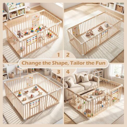 INFANS Wooden Baby Playpen with Adjustable Size & Shape, 8 Panels, Child Proof Lock, Easy to Assemble, 63" x 63" Portable Play Yard for Babies Toddlers in Kuwait