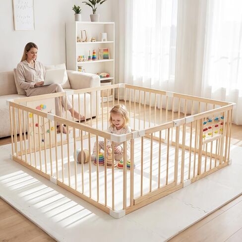 INFANS Wooden Baby Playpen with Adjustable Size & Shape, 8 Panels, Child Proof Lock, Easy to Assemble, 63" x 63" Portable Play Yard for Babies Toddlers in Kuwait