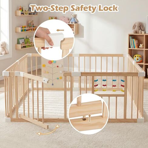 INFANS Wooden Baby Playpen with Adjustable Size & Shape, 8 Panels, Child Proof Lock, Easy to Assemble, 63" x 63" Portable Play Yard for Babies Toddlers in Kuwait