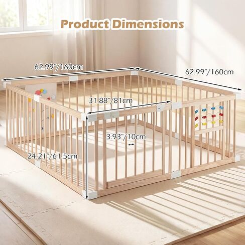 INFANS Wooden Baby Playpen with Adjustable Size & Shape, 8 Panels, Child Proof Lock, Easy to Assemble, 63" x 63" Portable Play Yard for Babies Toddlers in Kuwait