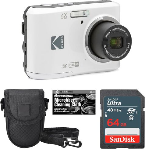 كاميرا Kodak PIXPRO FZ45 رقمية 16 ميجابكسل، تكبير بصري 4X 27 مم زاوية واسعة 1080 بكسل فيديو عالي الدقة 2.7 بوصة LCD (أبيض) + حافظة مبطنة + بطاقة 64 جيجابايت + قطعة قماش للتنظيف in Kuwait