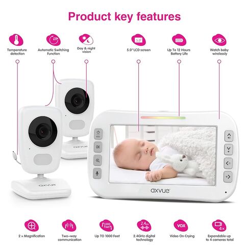 جهاز مراقبة الأطفال بالفيديو من AXVUE، حاوية محمولة بتصميم نحيف مريح، شاشة مقاس 5.0 بوصات وكاميرتين، نطاق يصل إلى 1000 قدم، عمر بطارية يصل إلى 8 ساعات، التحدث في اتجاهين، رؤية ليلية، مراقبة درجة الحرارة، بدون شبكة WiFi. in Kuwait