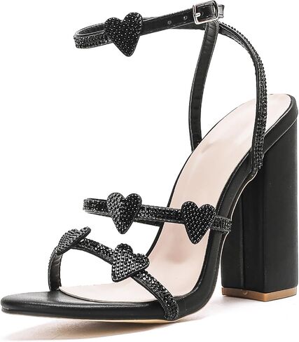 GATUXUS Women's Rhinestone Heart Chunky High Heel Sandals Ankle Strappy Slingback Heels Open Toe Dress Shoes in Saudi Arabia