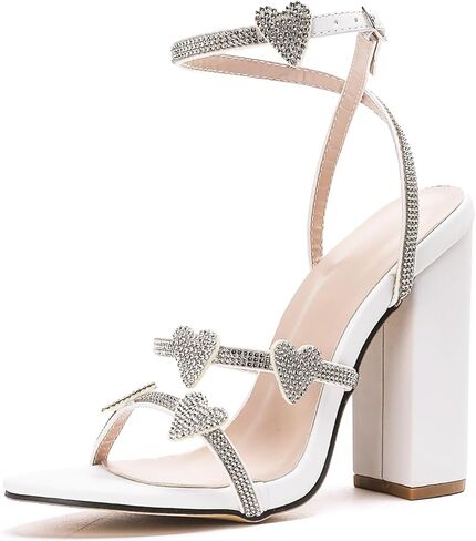 GATUXUS Women's Rhinestone Heart Chunky High Heel Sandals Ankle Strappy Slingback Heels Open Toe Dress Shoes in Saudi Arabia