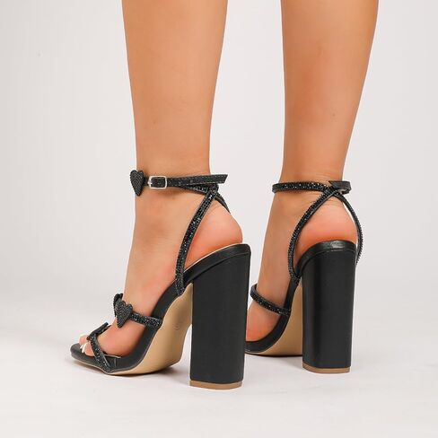 GATUXUS Women's Rhinestone Heart Chunky High Heel Sandals Ankle Strappy Slingback Heels Open Toe Dress Shoes in Saudi Arabia