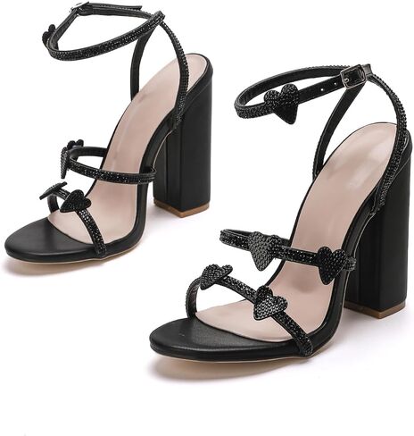 GATUXUS Women's Rhinestone Heart Chunky High Heel Sandals Ankle Strappy Slingback Heels Open Toe Dress Shoes in Saudi Arabia