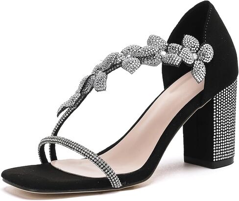 GATUXUS Women's Rhinestones Chunky High Heels Strappy Sandals Square Open Toe Dress Shoes for Bridal Wedding in Saudi Arabia