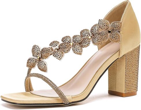GATUXUS Women's Rhinestones Chunky High Heels Strappy Sandals Square Open Toe Dress Shoes for Bridal Wedding in Saudi Arabia