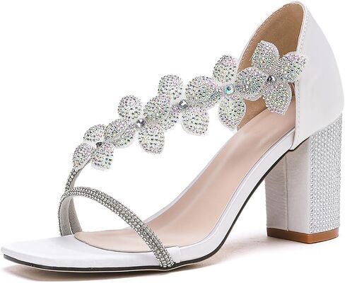 GATUXUS Women's Rhinestones Chunky High Heels Strappy Sandals Square Open Toe Dress Shoes for Bridal Wedding in Saudi Arabia