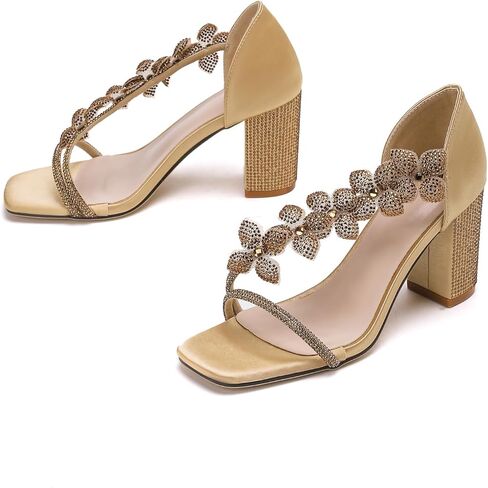 GATUXUS Women's Rhinestones Chunky High Heels Strappy Sandals Square Open Toe Dress Shoes for Bridal Wedding in Saudi Arabia