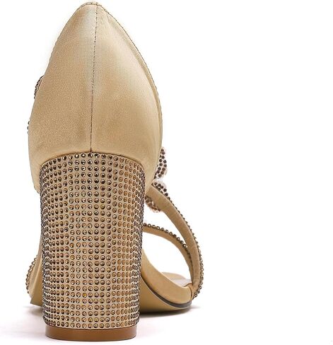 GATUXUS Women's Rhinestones Chunky High Heels Strappy Sandals Square Open Toe Dress Shoes for Bridal Wedding in Saudi Arabia