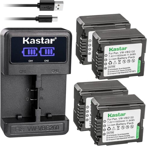 شاحن بطارية USB Kastar VW-VBG130 LED2 متوافق مع باناسونيك VDR-D230 VDR-D310 VDR-D58GK Lumix DMC-L10 DMC-L10K DMC-L10KEB-K DMC-L10KEG-K AG-AC7 AG-AF100 AG-AF105A AG-AC130 in Kuwait