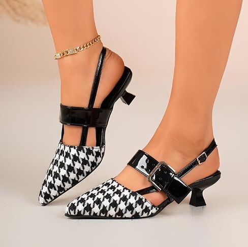 Women's Fashion Pointed-toe Houndstooth Heeled Sandal, Slingback Mid-heel Sandals, Closed Toe Pumps Slip-On Dress Sandals in Kuwait