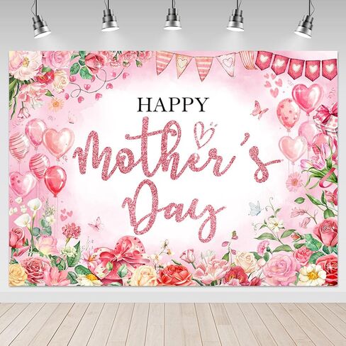 Mocsicka Happy Mother's Day Bakcdrop Pink Floral Mothers Day Party Decorations Banner for Women Festival Birthday Party Background Supplies Photo Booth Props (Pink, 7x5ft(82"x60")) in Kuwait