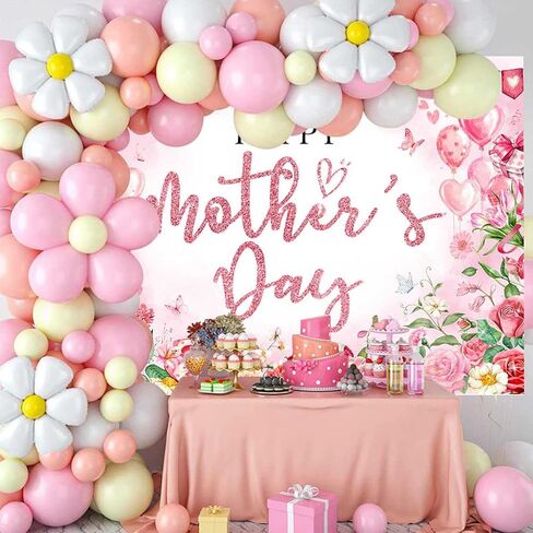 Mocsicka Happy Mother's Day Bakcdrop Pink Floral Mothers Day Party Decorations Banner for Women Festival Birthday Party Background Supplies Photo Booth Props (Pink, 7x5ft(82"x60")) in Kuwait