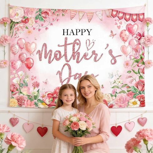 Mocsicka Happy Mother's Day Bakcdrop Pink Floral Mothers Day Party Decorations Banner for Women Festival Birthday Party Background Supplies Photo Booth Props (Pink, 7x5ft(82"x60")) in Kuwait