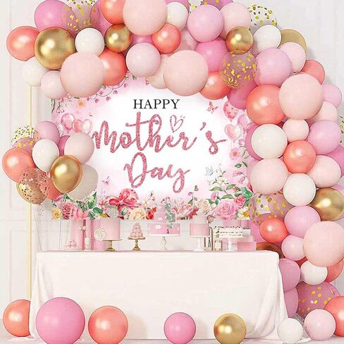Mocsicka Happy Mother's Day Bakcdrop Pink Floral Mothers Day Party Decorations Banner for Women Festival Birthday Party Background Supplies Photo Booth Props (Pink, 7x5ft(82"x60")) in Kuwait