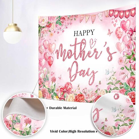 Mocsicka Happy Mother's Day Bakcdrop Pink Floral Mothers Day Party Decorations Banner for Women Festival Birthday Party Background Supplies Photo Booth Props (Pink, 7x5ft(82"x60")) in Kuwait