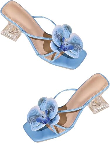 GORGLITTER Women's Orchid Heels 3d Floral Slides Open Square Toe Stilettos Slip on Heeled Mules Wedding Prom Party in Kuwait