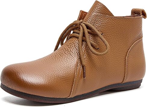 Women’s Leather Round Toe Lace-up Flats Ankle Boots Casual Comfort Soft Sole Pull-on High Top Low Heel Short Boots for Office Shopping Walking in Kuwait