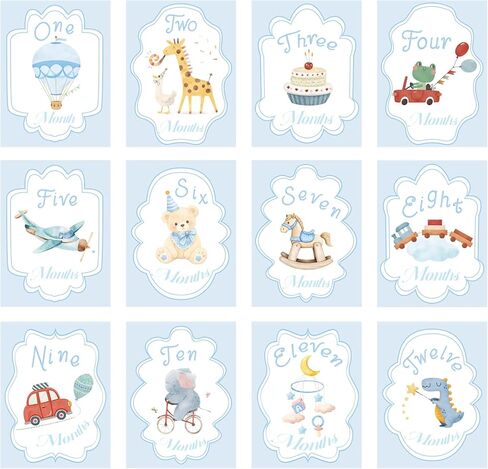 12pcs Boy Watercolor Milestone Cards, 18x13.5cm/7.08x5.3in 12 Style Baby Boy Monthly Milestone Cards Month Signs for Baby Shower Newborn Picture Photo Prop in Kuwait