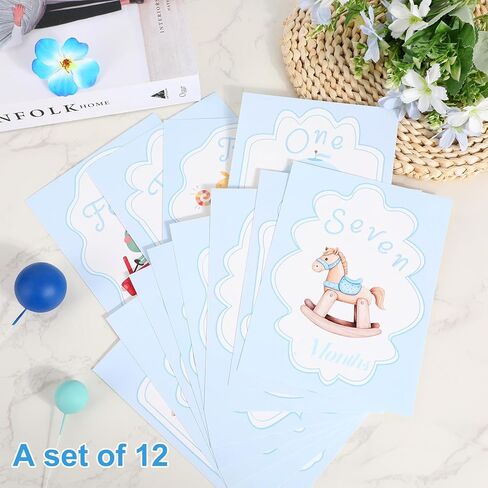 12pcs Boy Watercolor Milestone Cards, 18x13.5cm/7.08x5.3in 12 Style Baby Boy Monthly Milestone Cards Month Signs for Baby Shower Newborn Picture Photo Prop in Kuwait