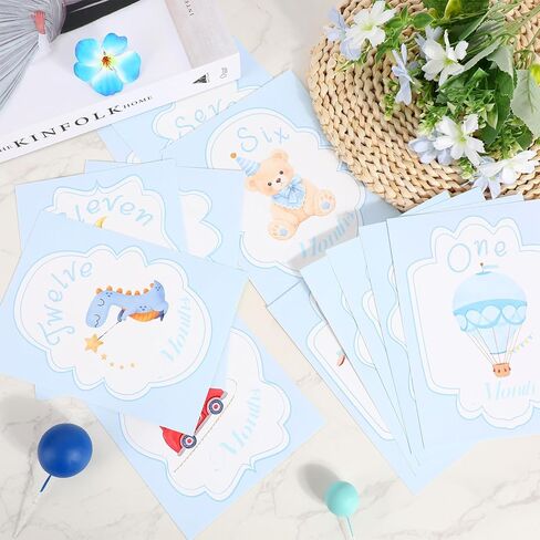 12pcs Boy Watercolor Milestone Cards, 18x13.5cm/7.08x5.3in 12 Style Baby Boy Monthly Milestone Cards Month Signs for Baby Shower Newborn Picture Photo Prop in Kuwait