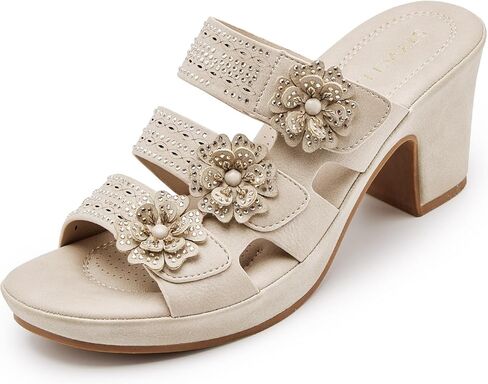 Rhinestone Flower Platform Slide Sandals for Women 2.95-Inch – Bling Slip On Platform Heels, Chunky Heel Dress Slides, Comfortable Summer Party Shoes in Saudi Arabia