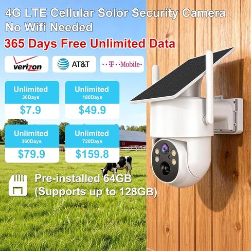 4G LTE Cellular Security Camera Outdoor，No WiFi Security Camera Solar Powered，365 Days Free Unlimited Data,360°Live View，PIR Motion Sensor，Color Night Vision，Tuya Smart Camera in Kuwait