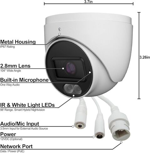 كاميرا أمان ذكية Turret IP بدقة 6 ميجابكسل، عدسة مقاس 2.8 مم، ميكروفون مدمج، ضوء أحمر وأبيض، اكتشاف الأشخاص والمركبات، IP67، PoE، متوافق مع NDAA in Kuwait
